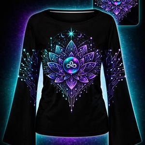 May include: Black long-sleeve shirt featuring a vibrant lotus flower design in shades of purple, blue, and teal. The design incorporates circuit board-like patterns and a celestial theme. The shirt has flared sleeves and a crew neck.