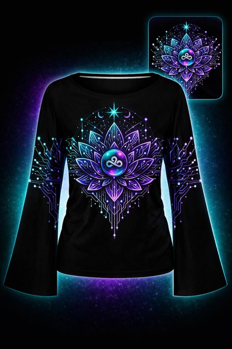 May include: Black long-sleeve shirt featuring a vibrant lotus flower design in shades of purple, blue, and teal. The design incorporates circuit board-like patterns and a celestial theme. The shirt has flared sleeves and a crew neck.