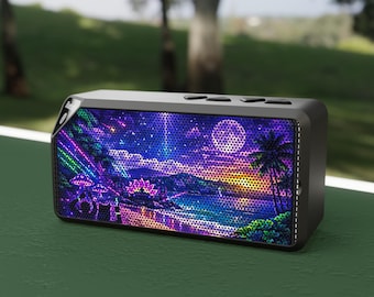 Altavoz Bluetooth con diseño de puesta de sol tropical neón / palmeras en la playa a la luz de la luna