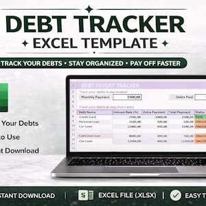 Könnte beinhalten: Ein Laptop zeigt einen Schuldenrückzahlungs-Tracker in einer Excel-Vorlage. Der Bildschirm zeigt Schuldeninformationen, Zinssätze und Zahlungsstatus. Der Text auf dem Bildschirm enthält "Schulden verfolgen" und "Schneller abzahlen". Das Bild zeigt auch das Excel-Logo und die Worte "Sofort-Download".