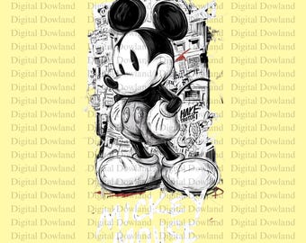 Mickey Mouse Sketch PNG, Urban Graffiti Mouse Clipart, Black and White Mouse Sublimation, Disney Fan Art Digital Download