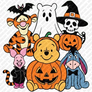May include: A digital illustration featuring cartoon characters dressed for Halloween. A tiger with a bat, a white ghost, a skeleton in a witch hat inside a pumpkin, a piglet in a black outfit, a bear inside a pumpkin, and a blue donkey.