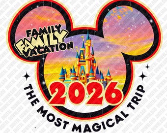 Familienurlaub 2026 Schloss PNG, magische Reise Sublimationsdesign, Retro Mausohren Sonnenuntergang Clipart, passende Familie DTF Shirt Grafik