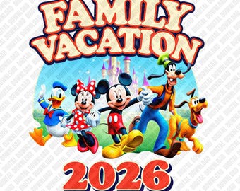 Familienurlaub 2026 Schloss PNG, magische Reise Sublimationsdesign, Retro Mausohren Sonnenuntergang Clipart, passende Familie DTF Shirt Grafik