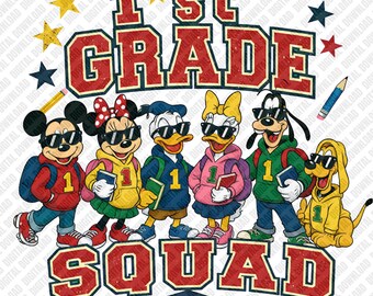 1st Grade Squad Cartoon PNG, Back to School Mouse and Friends Sublimation Design, Retro First Grade Clipart, Kids DTF Shirt Graphic