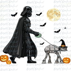 May include: A digital illustration of a black-armored figure in a helmet and cape walking a grey four-legged mechanical walker on a leash. The walker wears a black witch hat. Two orange jack-o'-lanterns, a full moon, and black bats are present.