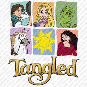 Könnte beinhalten: Eine digitale Grafik mit sechs quadratischen Feldern, die einen Mann, eine blonde Frau, ein grünes Chamäleon, ein weißes Pferd, eine gelbe Sonne und eine dunkelhaarige Frau zeigen, mit dem Wort Tangled in goldener Schrift am unteren Rand.