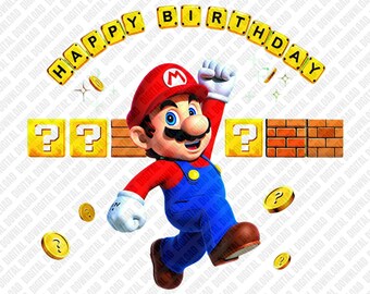 Alles Gute zum Geburtstag Super Mario PNG, Retro Videospiel Frage Block Sublimation, Goldmünze Clipart, Kinder DTF T-Shirt Grafik
