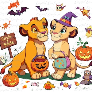 May include: A digital illustration of two lion cubs celebrating Halloween. One cub wears a purple witch hat and carries a colorful treat bag, while the other holds a jack-o'-lantern bucket. A wooden sign reads Circle of Treats, surrounded by pumpkins, bats, and candy.