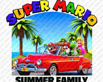 Sommerfamilie Mario PNG, Retro Videospiel Road Trip Sublimationsdesign, Tropischer Strandurlaub Clipart, DTF T-Shirt Grafik