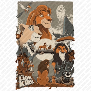 Może przedstawiać: Kolorowa ilustracja z postaciami z "Króla Lwa". Grafika zawiera Simbę, Mufasę, Skazę, Timona, Pumbę i Zazu. Tytuł "The Lion King" jest wyświetlany na dole. Obraz ma styl vintage, rysowany ręcznie.