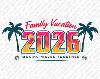 Familienurlaub 2026 PNG, Zusammen Wellen Sublimationsdesign, Retro Strand Palme Clipart, passende Sommer DTF T-Shirt Grafik