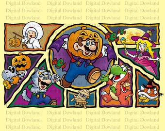 Halloween Mario and Friends PNG, Spooky Character Collage, Pumpkin Mario Clipart, Witch Peach and Vampire Yoshi Sublimation,Digital Download