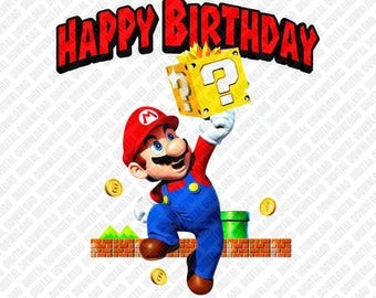 Alles Gute zum Geburtstag Mario PNG, Retro Videospiel Frage Block Sublimation, Gaming Party Clipart, Kinder DTF T-Shirt Grafik