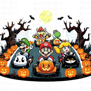 May include: A digital illustration featuring Mario, Luigi, Princess Peach, Bowser, and Yoshi driving go-karts on a road lined with glowing jack-o'-lanterns. The scene includes dark, leafless trees, spiderwebs, bats, and a full moon in the background.