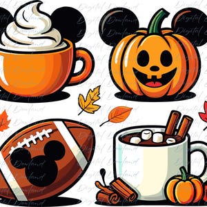 May include: A digital illustration featuring four autumn-themed icons: an orange mug with whipped cream and mouse ears, a jack-o'-lantern with mouse ears, a brown football with a mouse ear silhouette, and a white mug with marshmallows and cinnamon.