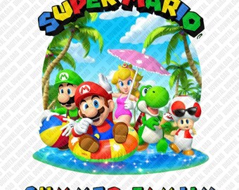 Sommerfamilie Mario PNG, Retro Videospiel Strandurlaub Sublimation, Tropische Kreuzfahrt Clipart, Familienreise DTF Grafik