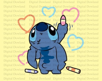 Stitch Heart PNG, Cute Blue Alien Drawing Clipart, Chalk Art Sublimation Design, Valentine Gamer PNG, Digital Download for Kids Shirts
