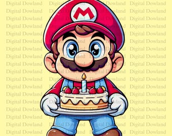 Super Mario Birthday PNG, Mario with Cake Clipart, Video Game Birthday Sublimation Design, Kids Party Shirt Art, Digital Download PNG Art