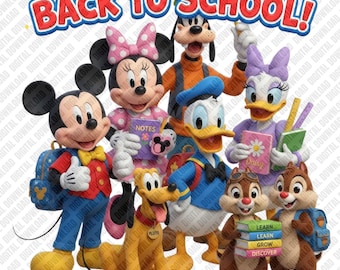 Back to School Cartoon Mouse PNG, School Squad Friends Sublimation Design, Retro Teacher Student Clipart, Kids DTF Shirt Graphic