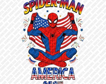Spider-Man America 250-jähriges Jubiläum PNG, 4. Juli Superhero Sublimationsdesign, Patriot Star Clipart, Kids DTF T-Shirt Grafik