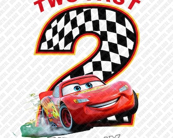 Zwei schnelle Geburtstag Lightning McQueen PNG, Retro Rennwagen Sublimationsdesign, 2. Geburtstagsfeier Clipart, Jungen DTF T-Shirt Grafik