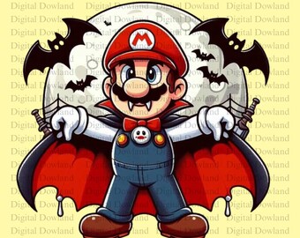 Vampire Mario PNG, Halloween Plumber Clipart, Spooky Vampire Cape Sublimation, Fall Season Gamer Shirt Design, Digital Download