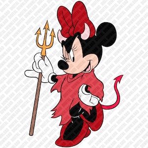 May include: A cartoon character illustration featuring a mouse wearing a red devil costume with horns, a cape, and a pointed tail. The character holds a yellow trident in one hand and wears a large red bow on its head, set against a white background.
