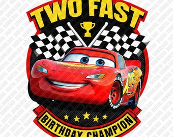 Zwei schnelle Geburtstag Lightning McQueen PNG, Retro Rennwagen Sublimationsdesign, 2. Geburtstagsfeier Clipart, Jungen DTF T-Shirt Grafik