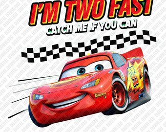 Ich bin zwei schnell fangen Sie mich, wenn Sie PNG, Lightning McQueen 2. Geburtstag Sublimationsdesign, Rennwagen-Flagge Clipart, Jungen DTF T-Shirt Grafik können