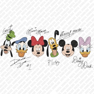 May include: A collection of cartoon character faces, including Goofy, Donald Duck, Minnie Mouse, Pluto, Mickey Mouse, and Daisy Duck. Each character is depicted with their signature look and name in a handwritten style. The image has a white background.