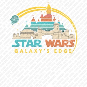 May include: A colorful graphic featuring the words "Star Wars Galaxy's Edge" with a retro design. The image includes illustrations of a futuristic cityscape, a castle, and the Millennium Falcon. The color palette includes teal, orange, and yellow.