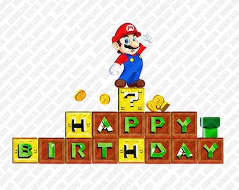 Alles Gute zum Geburtstag Mario PNG, Retro Videospiel Block Sublimationsdesign, Gaming Geburtstagsfeier Clipart, Kinder DTF T-Shirt Grafik