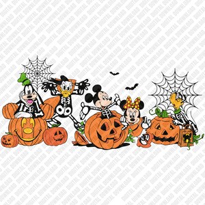 May include: A digital illustration featuring cartoon characters dressed in skeleton costumes, sitting among orange jack-o'-lanterns. The scene includes spider webs, small bats, and a brown paper bag, all set against a repeating digital download background.