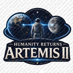 May include: A digital graphic featuring an astronaut standing between Earth and the Moon. The words "HUMANITY RETURNS" and "ARTEMIS II" are displayed below. The design incorporates blue and white elements, with stars and glowing lines.