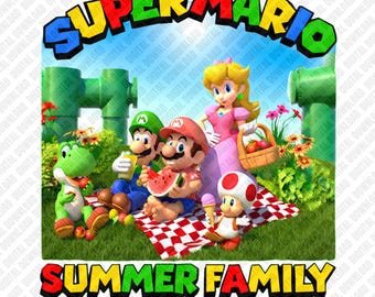 Super Mario Sommer Familie PNG, Videospiel Picknick Urlaub Sublimationsdesign, Grüne Pfeife Clipart, Passende Familien Reise DTF Grafik