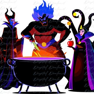 May include: A digital illustration featuring three stylized villainous characters gathered around a large black cauldron. One figure holds a flaming staff, another has blue hair and a knife, and the third holds a red apple with dark tentacles.