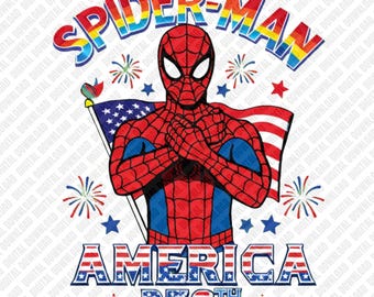 Spider-Man America 250-jähriges Jubiläum PNG, 4. Juli Superhero Sublimationsdesign, Patriot Star Clipart, Kids DTF T-Shirt Grafik