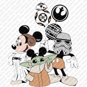 May include: A digital illustration featuring Mickey Mouse dressed as a Stormtrooper, Minnie Mouse as Princess Leia, and Grogu. BB-8 and Star Wars-themed balloons are also included in the design. The characters are in a cartoon style with bold outlines and bright colors.