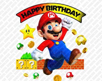 Alles Gute zum Geburtstag Mario PNG, Retro Videospiel Super Star Sublimationsdesign, Gaming Party Clipart, Kinder DTF T-Shirt Grafik