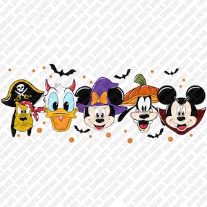 Halloween Mickey Friends squelette PNG, motif citrouille rétro en sublimation, clipart toile d'araignée effrayante, graphique T-Shirt DTF pour enfants