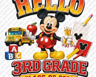 Hello 3rd Grade Class of 2026 PNG, Cute Cartoon Mouse School Sublimation Design, Yellow Bus Third Grade Clipart, Kids DTF Shirt Graphic