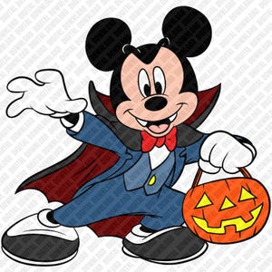 May include: A cartoon character dressed as a vampire in a blue suit with a red-lined black cape, a red bowtie, and white gloves. The character has large round ears and is holding an orange jack-o'-lantern candy bucket with a yellow face design.