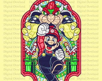 Mario vs Bowser Stained Glass PNG, Video Game Window Art Clipart, Retro Gamer Sublimation Design, Mario Brothers Digital Download