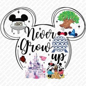 Può includere: Un design a forma di testa di Topolino in bianco e nero con le parole "Never Grow Up". Il design include illustrazioni di monumenti, personaggi e icone Disney, come la torre dell'acqua degli Hollywood Studios e il castello di Cenerentola.