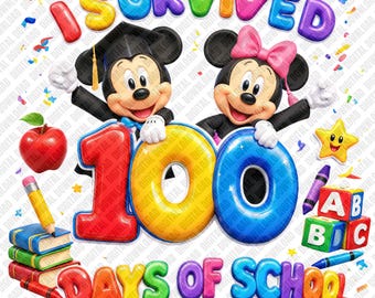 I Survived 100 Days of School PNG, Cartoon Mouse Sublimation Design, 100th Day Celebration Clipart, Cute Elementary DTF Shirt Graphic