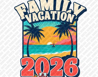 Familienurlaub 2026 PNG, Retro Tropical Beach Sublimationsdesign, Sommer Sonnenuntergang Palme Clipart, Kreuzfahrt Passende DTF Grafik