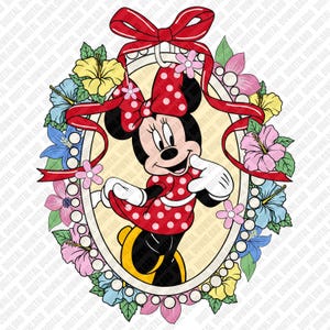 May include: A cartoon mouse character wearing a red and white polka dot dress and matching bow, centred within an oval frame decorated with a large red ribbon at the top and surrounded by colourful hibiscus flowers in yellow, pink, and blue.