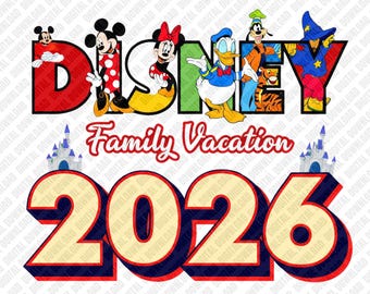 Disney-Familienurlaub 2026 PNG, Retro Magical Castle Sublimationsdesign, Mickey Minnie Clipart, passende Reise DTF-Grafik