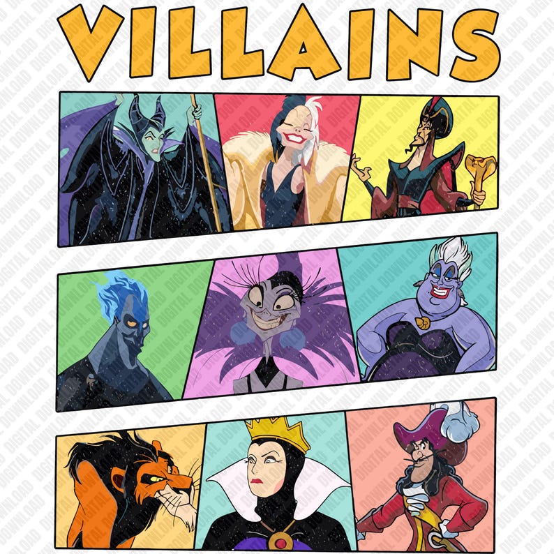 Pacchetto di immagini PNG dei cattivi Disney, Malefica, Ursula, Scar, Crudelia De Mon, personaggi dei cartoni animati cattivi immagine 1
